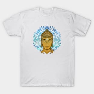 Golden Face of Buddha in a Blue Mandala T-Shirt